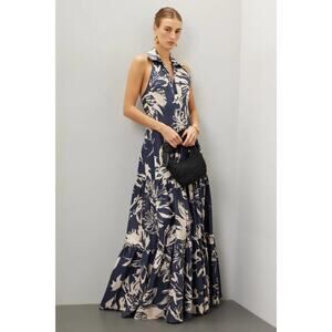 Andrés Otálora Colonial Dress Tropical Print Halter V Neckline, Size 8, Rt. $880